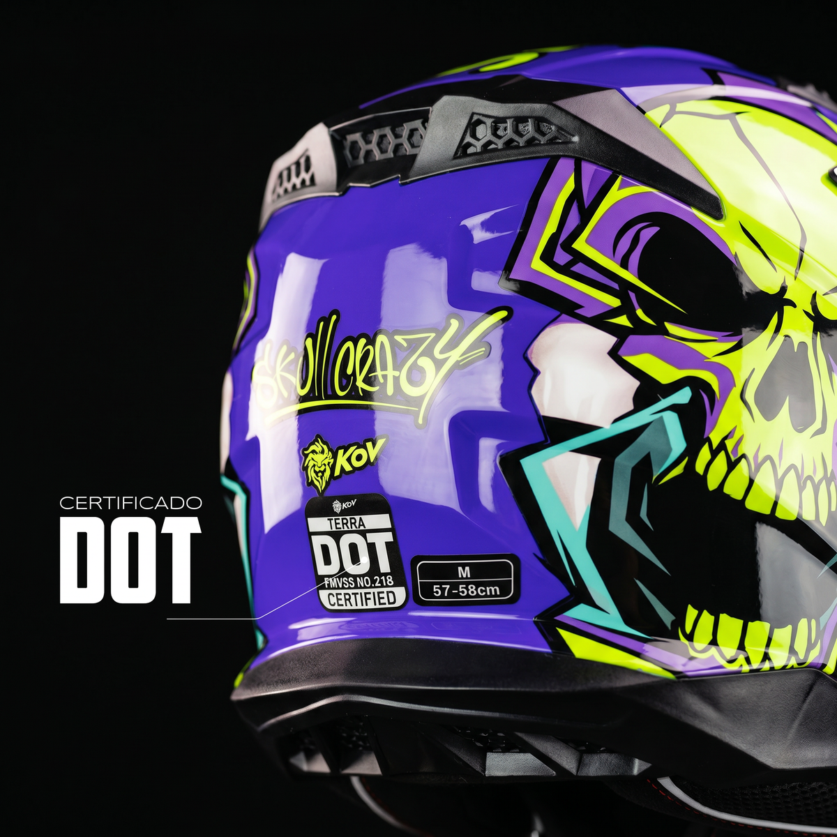 CASCO CROSS TERRA SKULL CRAZY MORADO KOV + de motociclista