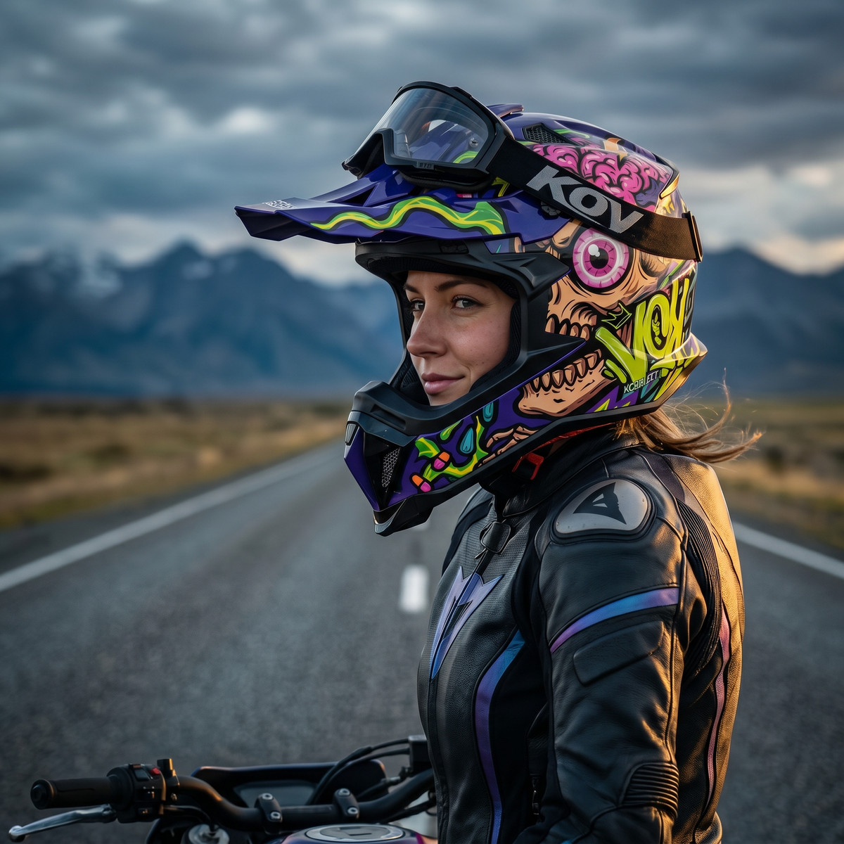 CASCO CROSS TERRA SKULL CRAZY MORADO KOV + de motociclista